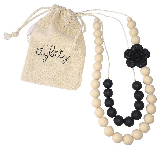 Baby Teething Necklace for Mom, Silicone Teething Beads, 100% BPA Free (Black/Cream)