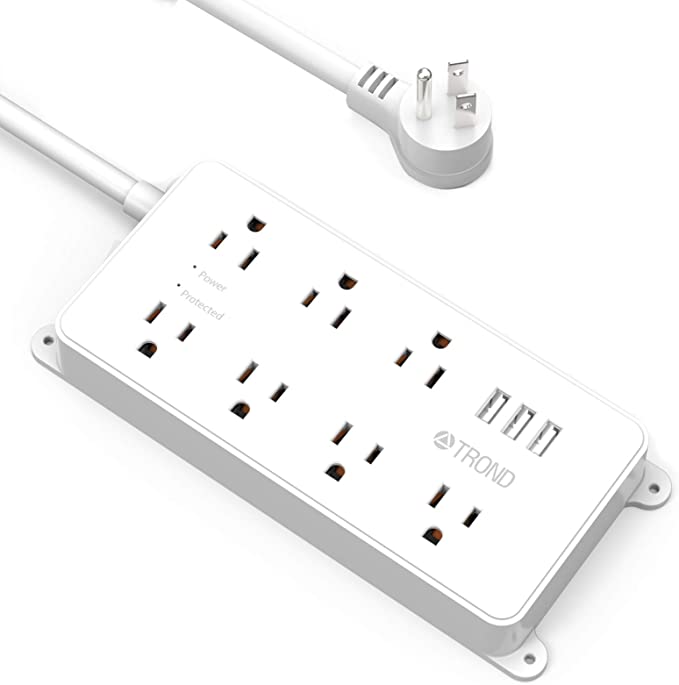 TROND Surge Protector Power Bar With 3 USB Ports, ETL Listed, 7 Widely-Spaced Outlets, Flat Plug Power Strip, 1700 Joules Surge Protection, 5ft Extension Cord, Wall Mountable, For Workbench, Nightstand, Dresser, Office, White