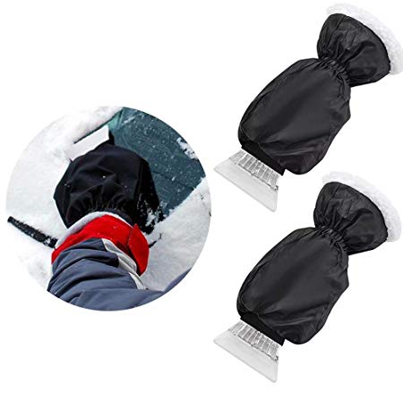 IPELY 2 Pack Ice Scraper Mitt Waterproof Windshield Snow Brushes Scrapers Elastic Wristband Snow Remover Glove Lined of Thick Fleece for Warmth and Protection