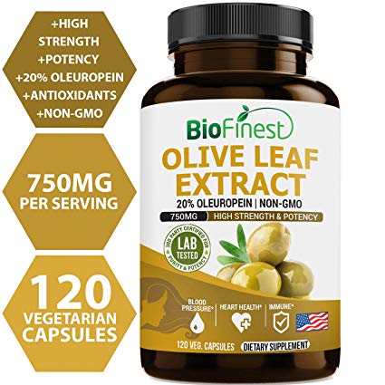 Biofinest Olive Leaf Extract - Super Strength with 20% Oleuropein -750mg - Pure Gluten-Free Non-GMO - Made in USA - Antioxidant Supplement for Healthy Heart, Immune System (120 Vegetarian Capsules)