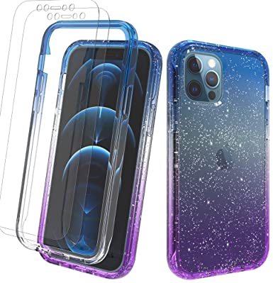 Compatible with iPhone 12 Pro Max Case 6.7 inch with 2Pcs Screen Protectors Sparkly Glitter Clear Case Full Body Shockproof Heavy Duty Protection Cover Case for Women (Blue/Purple Glitter)