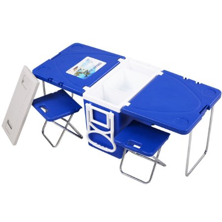 Giantex Multi Function Rolling Cooler with Table and 2 Chairs Picnic Camping Outdoor