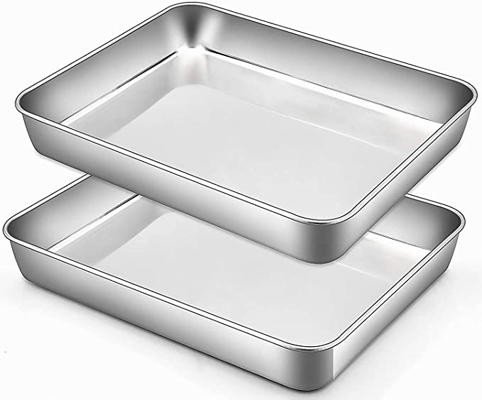 Baking Sheet, Sheet Pan, Cookie Sheet, Heavy Duty Stainless Steel Baking Pans, Toaster Oven Pan, Jelly Roll Pan, Barbeque Grill Pan, Deep Edge, Superior Mirror Finish, Dishwasher Safe -2 Pieces