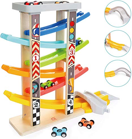 TOP BRIGHT Toddler Toys Race Track for 1 2 Year Old Boy Gifts Wooden Car Ramp Racer with 6 Mini Cars
