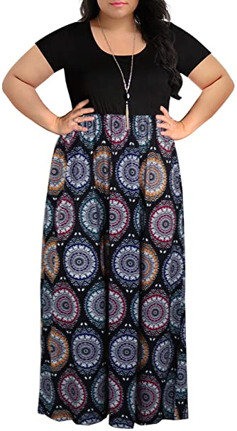 Nemidor Women's Chevron Print Summer Short Sleeve Plus Size Casual Maxi Dress