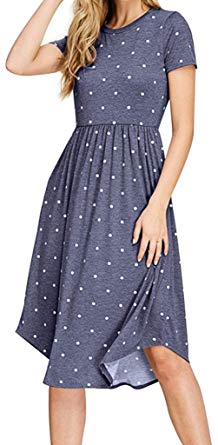 YUNDAI Women Summer Short Sleeve Pleated Polka Dot Pocket Loose Swing Casual Midi Dress
