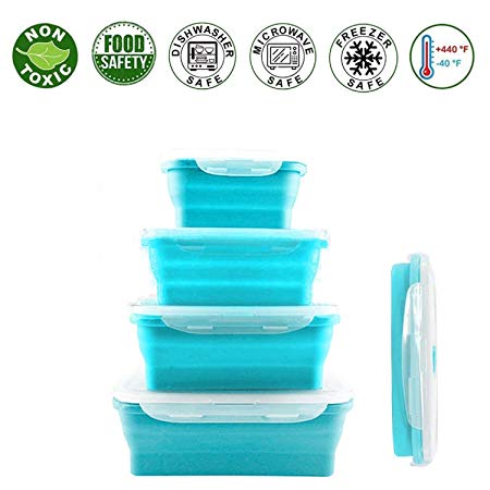 Collapsible silicone food storage container set of 4 with lids | Stackable & space saving | Microwaveable | Fridge, freezer & dishwasher safe | BPA free|Colour-coded, clip-on lids | Bento lunch box