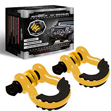 AUTMATCH Shackles 3/4" D Ring Shackle (2 Pack) 41,887Ib Break Strength with 7/8" Screw Pin and Shackle Isolator & Washers Kit for Tow Strap Winch Off Road Towing Jeep Vehicle Recovery Yellow & Black