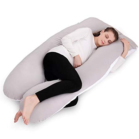 NiDream Bedding  Full Body Pillow with Washable Cotton Cover - Maternity Pillow for Pregnant Women - Sleeping - Back Pain Relief, 60" x 31" x 7.8" (White & Grey)