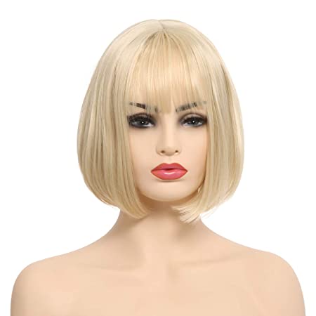 SARLA 8” Fashion Synthetic Beach Blonde Bob Wigs With Air Bang Japan Heat-friendly Fiber Colorful Cosplay Daily Party Wig for Women T-SW202 (613)