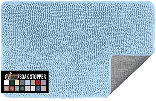 Gorilla Grip Soak Stopper Absorbent Indoor Chenille Doormat, Muddy Dog Washable Rug, Quick Dry Soft Microfiber, Durable Rubber Backing, Absorb Water and Moisture, Door Mat for Entry, 24x17, Light Blue
