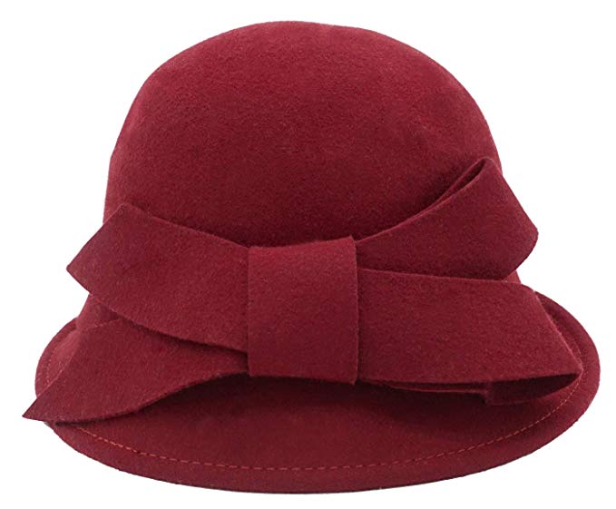 Bellady Women Solid Color Winter Hat 100% Wool Cloche Bucket with Bow Accent