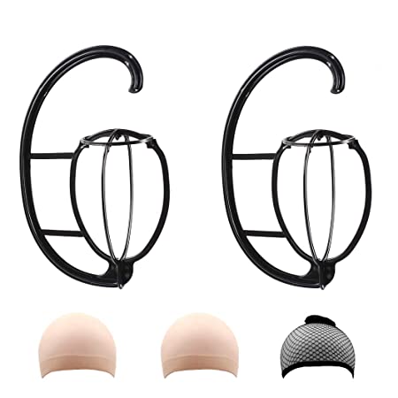 Messen Wig Hanger Storage Collapsible Wig Dryer Stand Holder Durable Wig Stand Tool Holder Portable Hanging Wig Stand for All Wigs and Hats (2 Pack/Black with 3 Free Wig Cap)