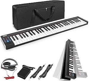 Pyle, Electric Musical Keyboard 61 Keys, Foldable Portable Electronic Standard Piano with Bluetooth, 129 Tones, 128 Audio Rhythms, includes Sustain Pedal, Gig Bag, Headphones, Book Holder (PKBRD6100)