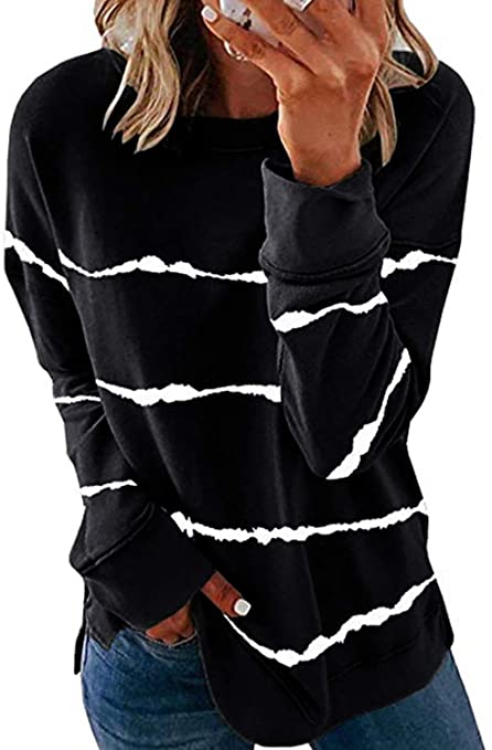 FARYSAYS Women's Casual Tie Dye Striped Round Neck Long Sleeve Loose Pullover Sweatshirt Tops