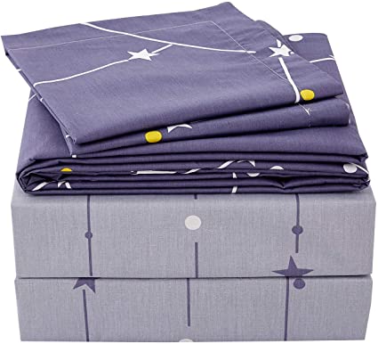 Softta Bed Sheet Set Twin 4Pcs Bedding Galaxy Star Space Constellation Teen Boys Girls 100% Cotton Striped Flat Sheet Set + Fitted Sheet Set +2 Pillowshams