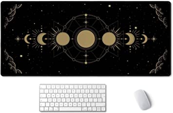 SSOIU Moon Phase Desk Mat, Celestial Desk Mat XXL, Gold Moon Cycle Lunar Chart, Stars Horoscope Desk Mat, Mystical Astronomy Zodiac Extended Gaming Mouse Pad (35.5x15.7 in), Large Rubber Base Mousepad