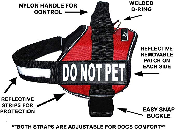 DO NOT PET Dog Vest Harness with Removable Patches and Reflective Trim. Comes with 2 DO NOT PET Reflective Removable Patches. Please Measure Dogs Girth Before Purchase