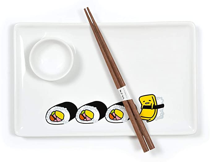 Underground Toys Gudetama Stoneware Sushi Set with Plate, Wasabi Dish & Chopsticks - Cute Sanrio Lazy Egg Design - Fun Japanese White Ceramic Dinnerware