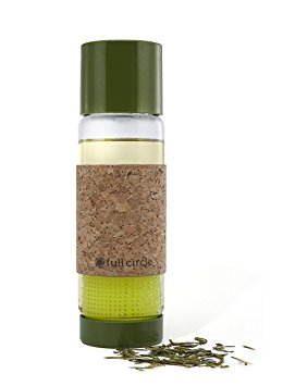 Full Circle Tea Time insulated glass travel bottle with tea infuser and cork sleeve, 19-Ounce, Sencha Green