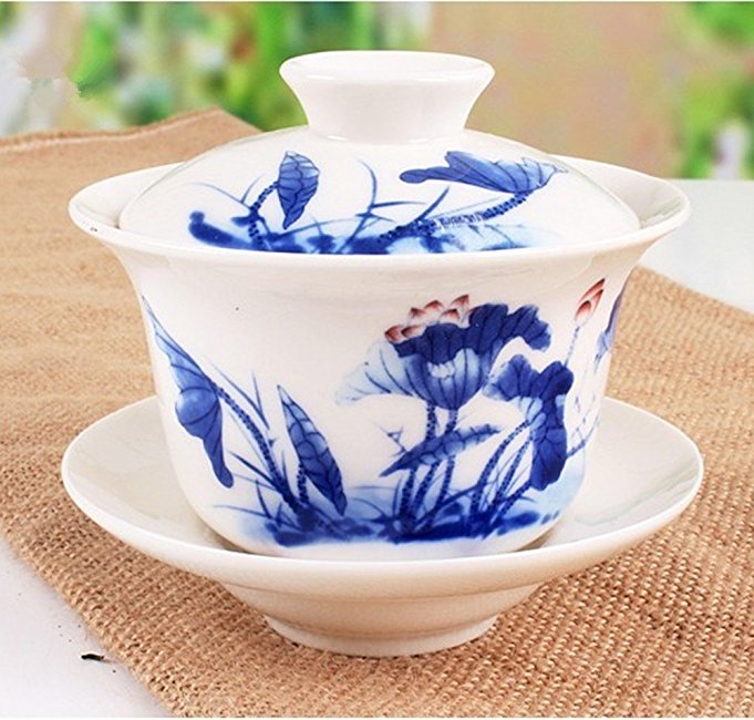 Chinese Blue and White Porcelain Ceramic Tea Mug/ Gaiwan Tea Set/ Coffee Mug Set (180ml/ Lotus)