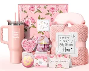 Birthday Gifts for Women Self Care Gifts Get Well Soon Gifts Package Rose Relaxing Spa Gift Anniversary Gift Basket Kit with Flannel Blanket & 40 oz Tumbler with Handle for Mom Wife Friend Sister Her