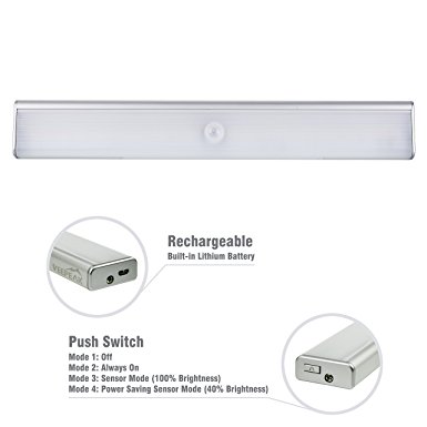 Veepeak Rechargeable LED Motion Sensor Light Night Light with New 4-Mode On/Off Push Switch, Stick On Design, Lithium Battery Operated, Wireless Motion Activated