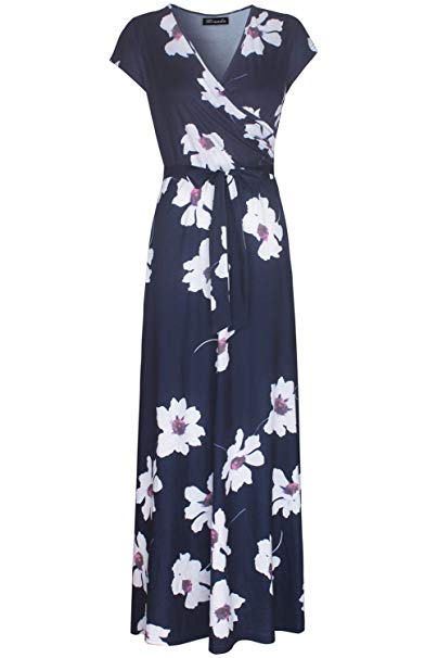 Kranda Womens Summer Vintage Floral Print Short Sleeve Maxi Long Dress