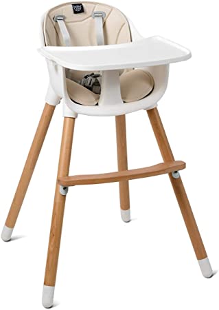 GYMAX 3-in-1 Baby Highchair with 5 Point Seat Harness, Adjustable Legs, Detachable Tray, Comfortable Cushion, Wooden Feeding High Chair for Infants Kids Toddlers