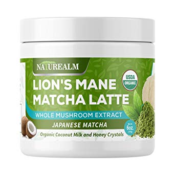 Naturealm Lion's Mane Mushroom Matcha Latte - USDA Organic - Premium Japanese Matcha, Lions Mane Extract Powder, Coconut Milk and Honey Crystals - 6oz.