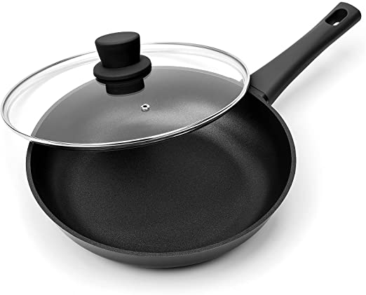 Sakuchi Nonstick Frying Pan with Lid 9.5 Inch, Skillet Non Stick for Induction Cooktop, Cooking Pan with Bakelite Handle, Black