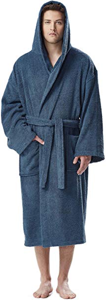 Arus Men's Hooded Classic Bathrobe Turkish Cotton Robe with Full Length Options