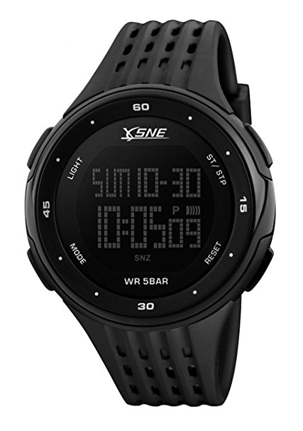 Men's Digital Dual Time Watch, Sports Multi-functional 50M Waterproof Black Wrist Watch 1219