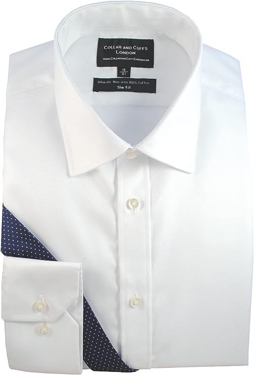 COLLAR AND CUFFS LONDON - Ultimate Non-Iron - 100% Pure Premium Cotton - Fit Guaranteed - Twill Fabric - Slim Fit - Double Cuff or Single Cuff - Long Sleeve - White Men's Shirt - Plain Pattern