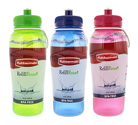 Rubbermaid Refill Reuse Water Bottles with Squirt-Top Lid, BPA-Free, Finger Loop for Easy Carrying, 32oz, Green, Blue, Pink - 3 Pack