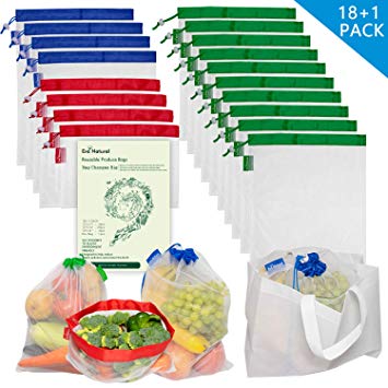 18 Pcs Heavy Duty Reusable Mesh Produce Bags, 3 Size Barcode Scanable Light Weight See Through Washable Eco Friendly Shopping Merchandise Bags with Drawstrings and Color Coded Tare Weight Tags
