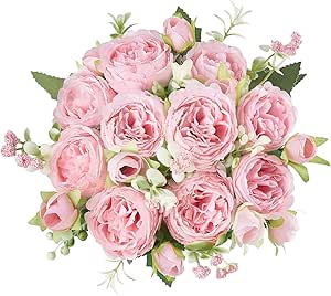 Mkono Peonies Artificial Flowers, Small Silk Flowers for Home Decor Indoor 2 Bundles Fake Bouquet Faux Floral Arrangements Dining Table Centerpieces for Kitchen Bridal Wedding Party Decor, Pink