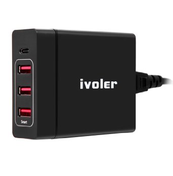 iVoler 75W USB Type C Charger with Power Delivery, 60W USB-C Port 15W 3 USB Ports for New Apple Macbook (29W), Chromebook Pixel, Samsung Tab Pro S, Nexus 5X/6P, LG G5 and More (Black)