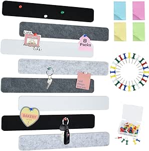 Vuzvuv 8Pcs Black White Grey Cork Board Bar Strips with 50 Pushpins & Sticky Notes, Self-Adhesive Bulletin Board Strips No Damage for Wall, Felt Pin Board for Paste Notes, Photos, Schedules Offices