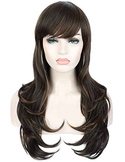 Kalyss 24" Curly Wavy Synthetic Hair Wigs with Hair Bangs for Women Layered Brown Highlights Natural Luster Soft Cosplay Wigs As Real Hair Wigs