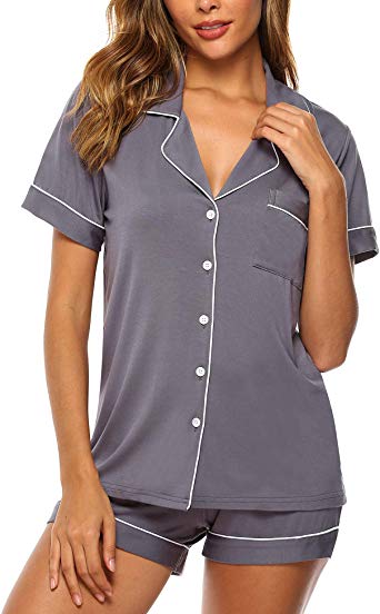 Samring Womens Pajamas Set Short Sleeve Sleepwear Button Down Nightwear Pj Lounge Set with Pockets S-XL