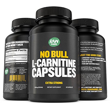 Raw Barrel's - Pure L-Carnitine Capsules - 500mg EXTRA STRONG Caps - SEE RESULTS OR YOUR MONEY BACK - L Carnitine L Tartrate - 120 Pills, 60 x 1000mg servings *FREE* digital guide