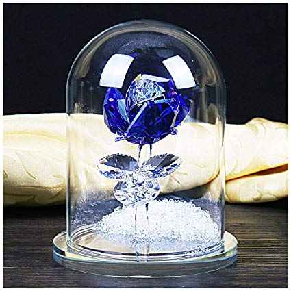 H&D Crystal Enchanted Rose Blue Rose Flower Figurine in a Glass Dome with Gift Box