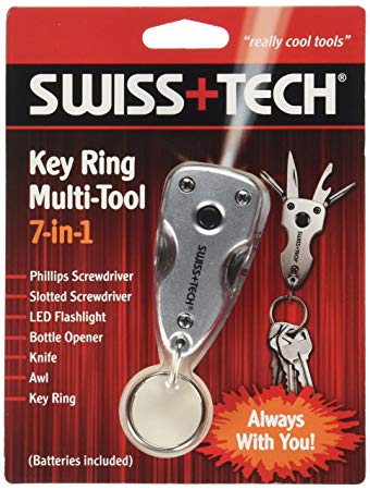 Swiss Tech ST60300M2 Key Ring Multitools (7-in-1) with LED Flashlight for Auto Safety, Outdoors, Camping - 2 Pack, Silver