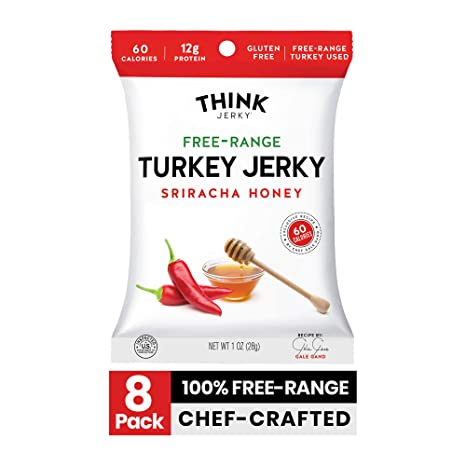 Sriracha Honey Turkey Jerky by Think Jerky — Delicious Chef Crafted Jerky — Free-Range Turkey With No Gluten or Antibiotics Added — Healthy Protein Snack Low in Calories and Fat — 1 Ounce (8 Pack)