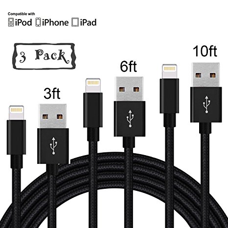 Lightning Cable,Loopilops iPhone Charger [3Pack] 3FT 6FT 10FT to USB Syncing and Charging Cable Data Nylon Braided Cord Charger for iPhone 8/8 Plus7/7 Plus/6/6 Plus/6s/6s Plus/5/5s/5c/SE (Black).