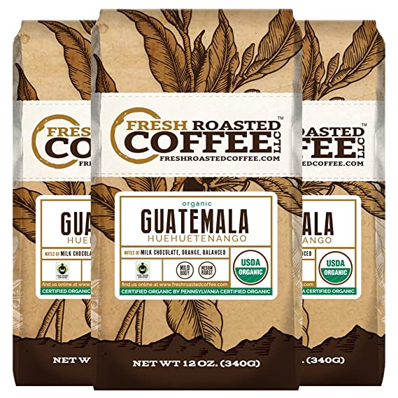 Fresh Roasted Coffee LLC, Organic Guatemalan Huehuetenango Coffee, Medium Roast, USDA Organic, Fair Trade, Ground Coffee, 12 ounce Bag, 3 Pack