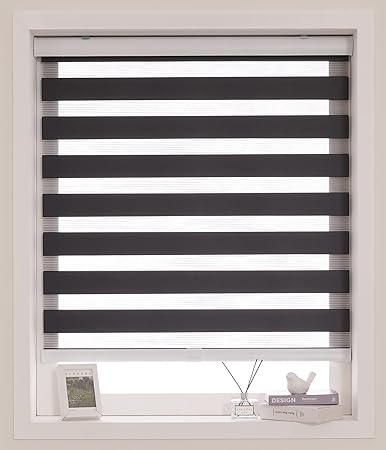 FOIRESOFT Cordless Custom Zebra Roller Shades and Blinds [Cordless Basic, Black, W 53 x H 64 inch] Dual Layer Sheer or Privacy Light Control, Day and Night Window Drapes, 24 to 70 inch Wide