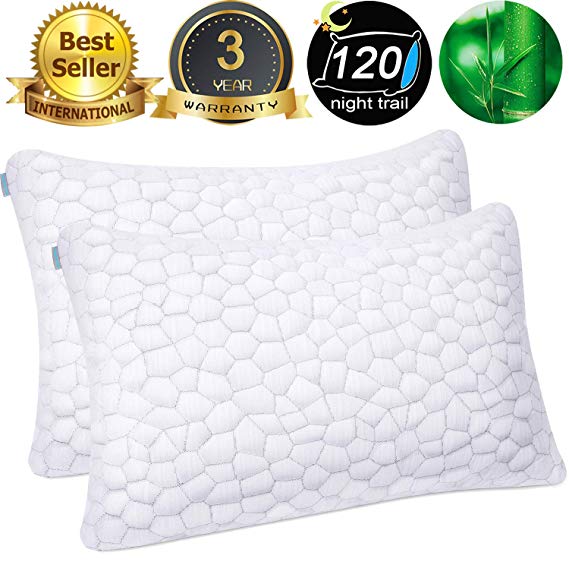 Bamboo Pillow Cool Bed Pillows for Sleeping 2 Pack Adjustable Gel Shredded Memory Foam Pillow with Bamboo Pillow Cover Hypoallergenic - Premium Adjustable Loft - Queen Sleeping Pillow 2 Pack