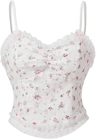 Milumia Women's Ditsy Floral Lace Frill Trim Cami Tank Top Ruched Curved Hem Cute Camisole Tops